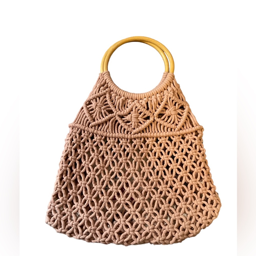 Handwoven Macramé Hobo Bag with Wooden Handles - Dusty Rose/Blush